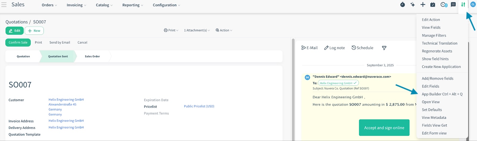 Opening the App Builder from the developer tools icon on a record form.