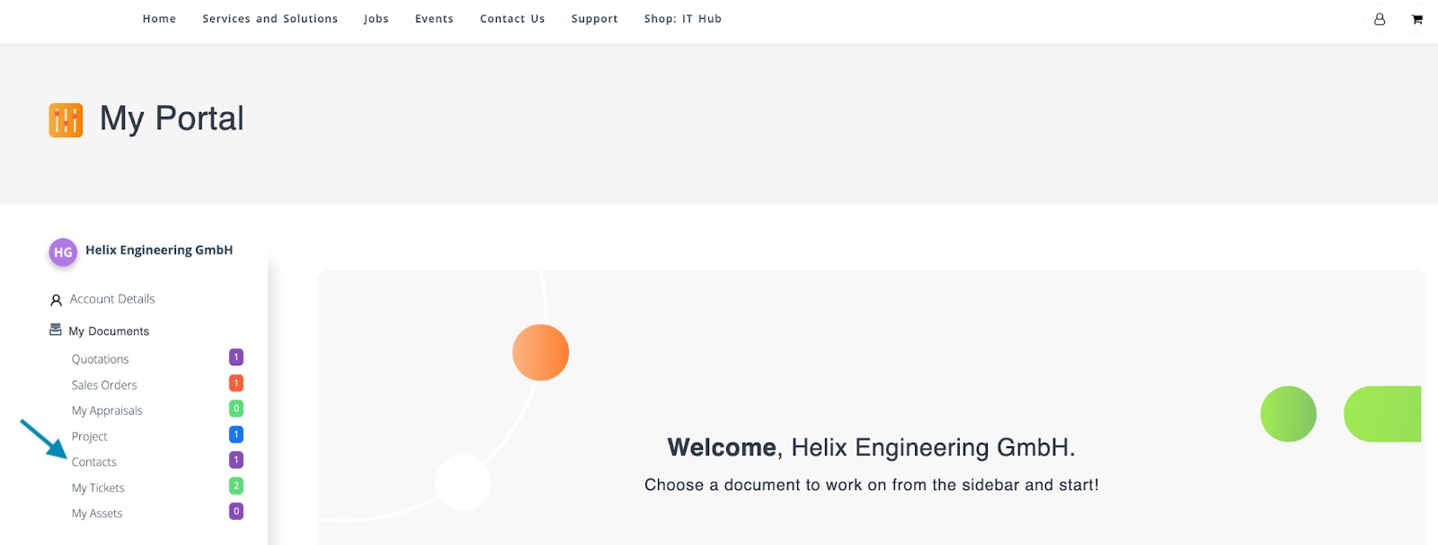 Portal view where 'Contacts' is listed on the sidebar.