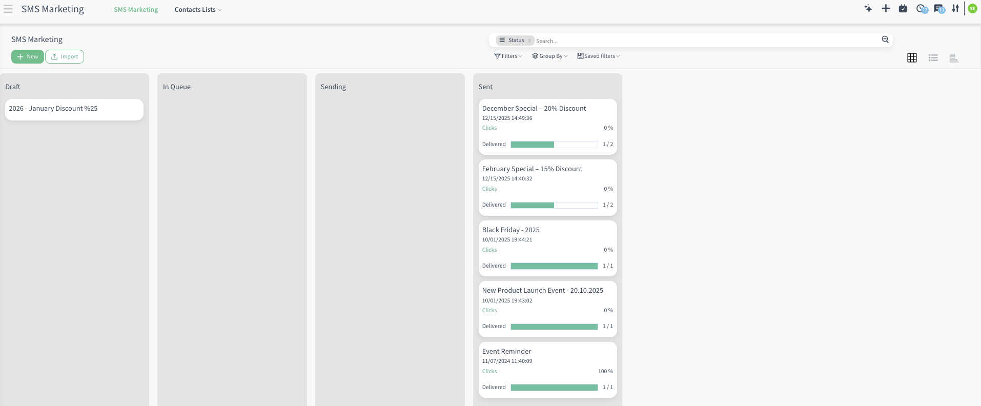 SMS Marketing Kanban view